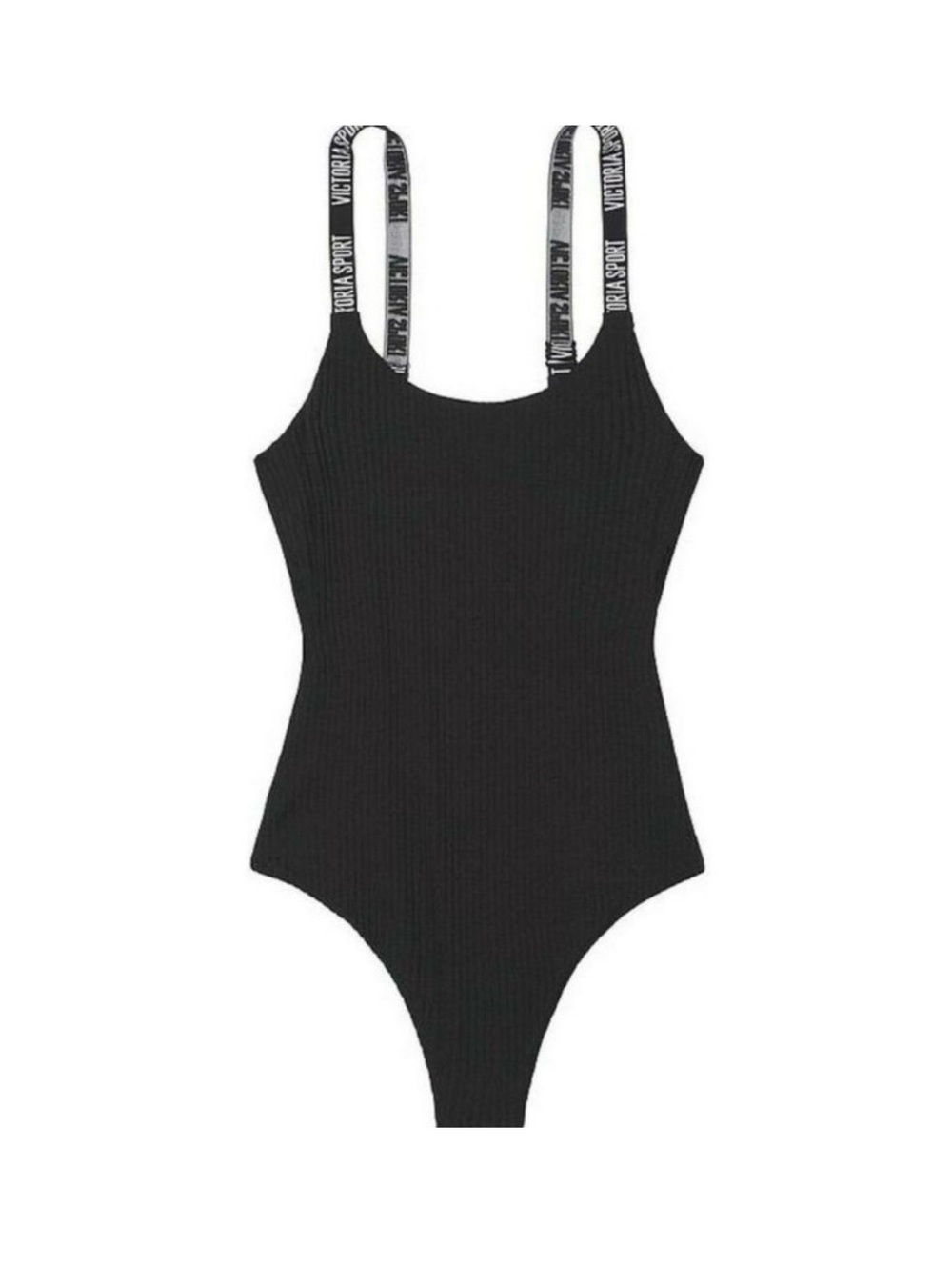 Victoria's Secret Black Ribbed Scoop-Neck Bodysuit with Logo Straps